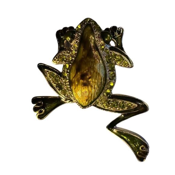Vtg Lauren Conrad Enamel Leaping Frog Brooch Gold Tone Rhinestone Pin Signed LC - Picture 3 of 12